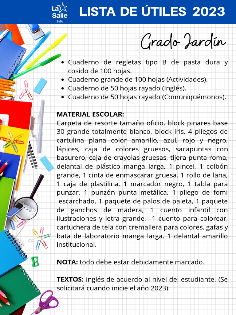 Lista de Útiles Escolares 2023 | PDF | Cuaderno | Lápiz