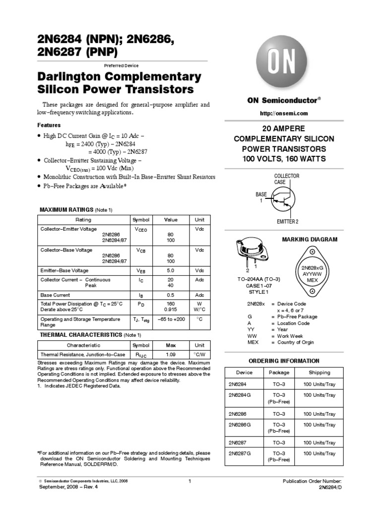 2N6284 (NPN) 2N6286, 2N6287 (PNP) Darlington Complementary Silicon