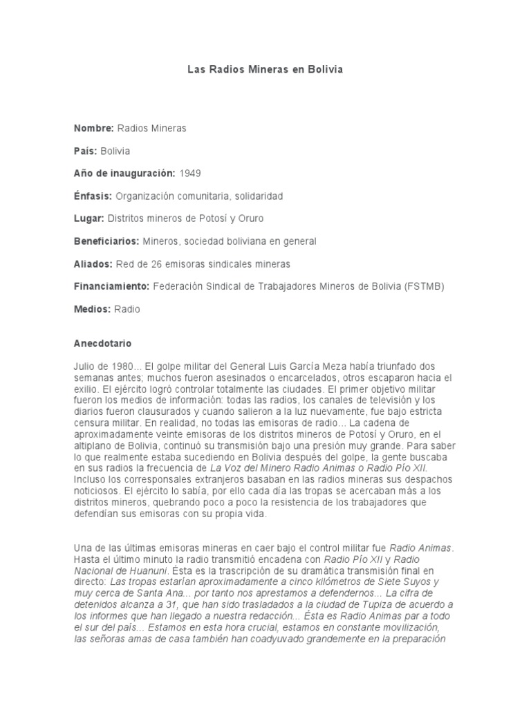 Las Radios Mineras en Bolivia PDF Bolivia Minería