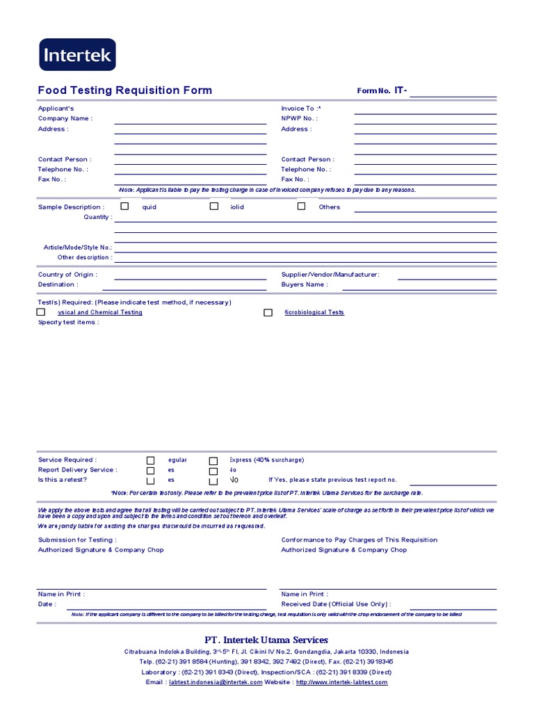 Food Testing Requisition Form | PDF | Legal Liability | Indemnity