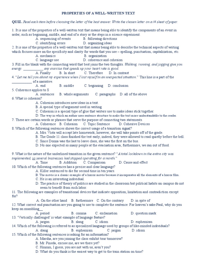 Properties of a WellWritten Text An Analysis of Coherence, Cohesion