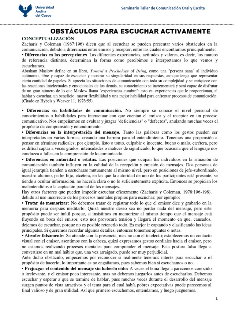 Obstáculos Y Valor De La Escucha Activa Pdf Aprendizaje Comunicación 