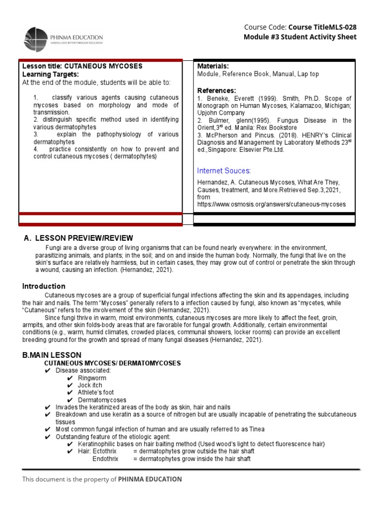Modul 3 student activity sheet cutaneous mycoses pdf mycology