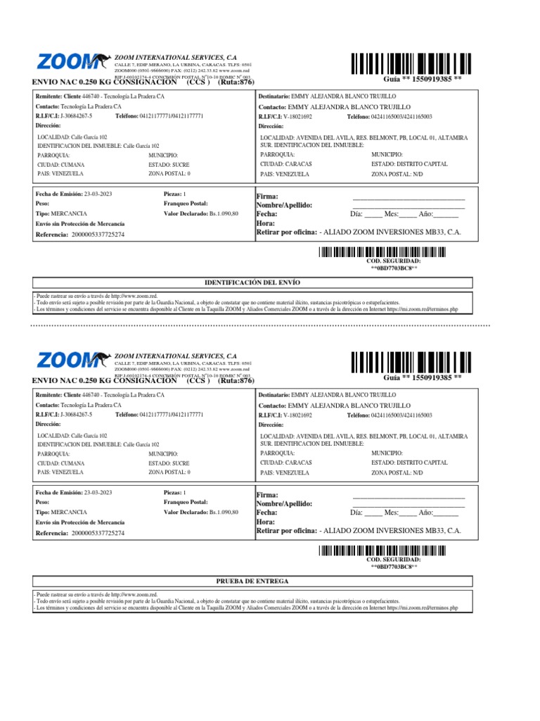 Envío Nacional ZOOM: Detalles y Seguimiento | PDF | Comunicación ...