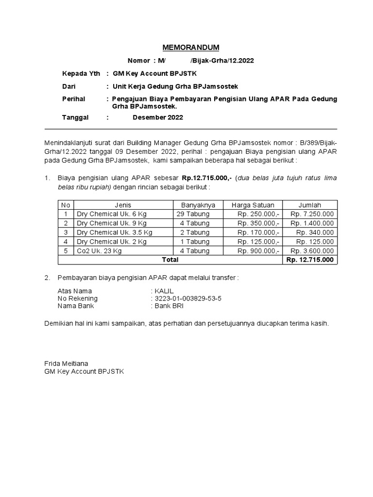 Memo Biaya Pengisian Ulang Apar PDF