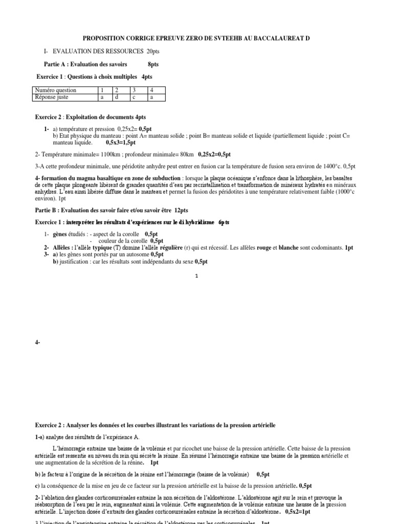 Corrigé Épreuve Zéro Bac SVTEEHB | PDF