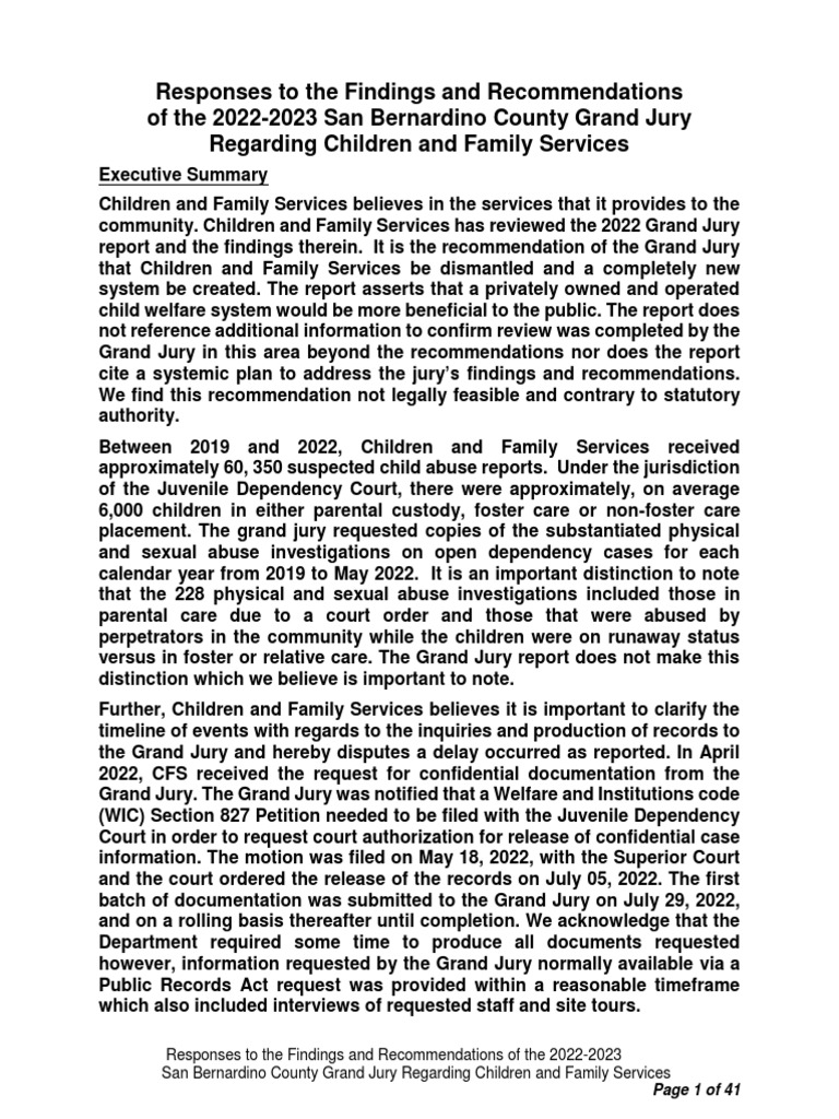 San Bernardino County Response To 2022 Grand Jury Report | PDF | Foster  Care | Criminal Record
