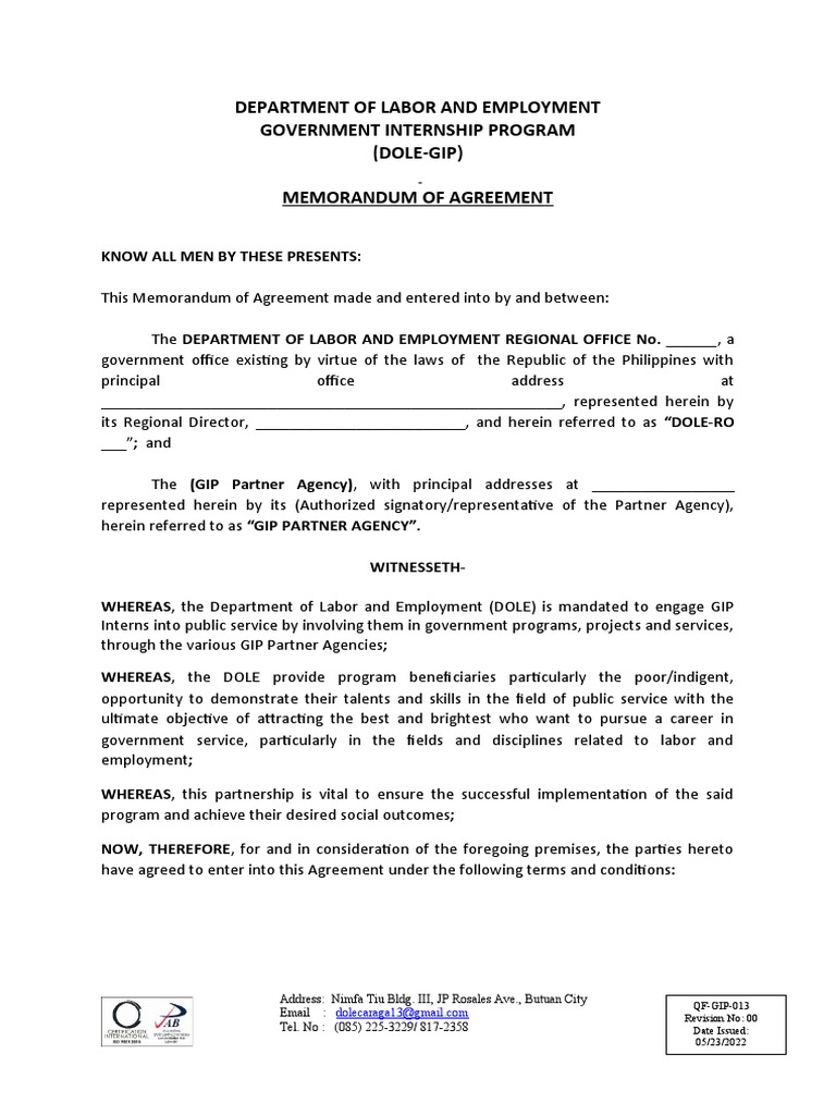 DOLE-GIP Memorandum of Agreement | PDF | Unemployment Benefits | Business