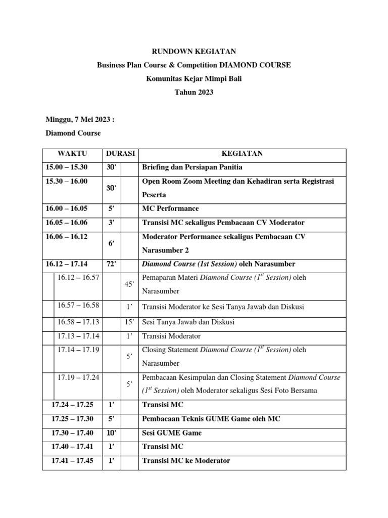 Rundown Kegiatan BPCC Diamond Course PDF