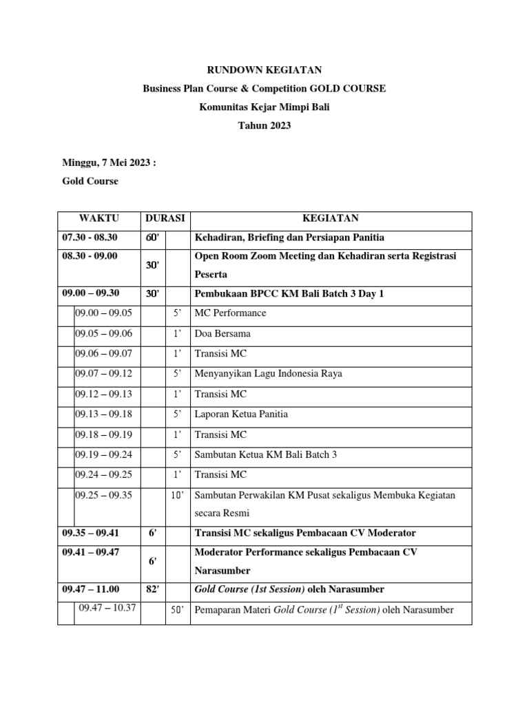 Rundown Kegiatan BPCC Gold Course PDF