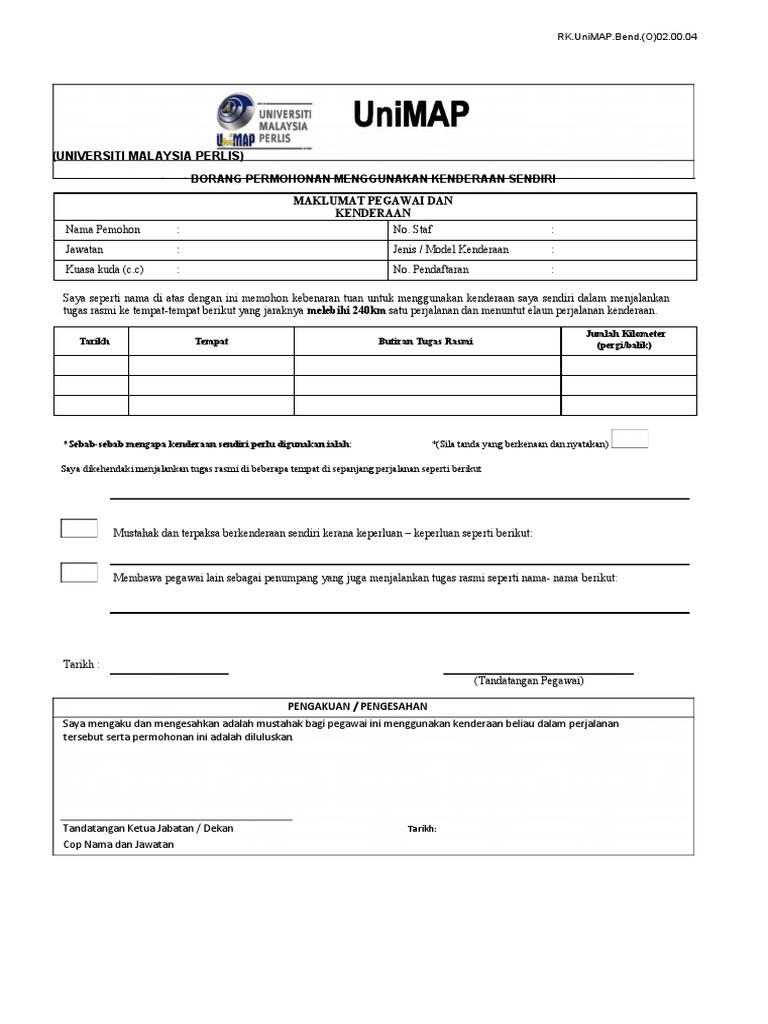 Borang Permohonan Menggunakan Kenderaan Sendiri | PDF