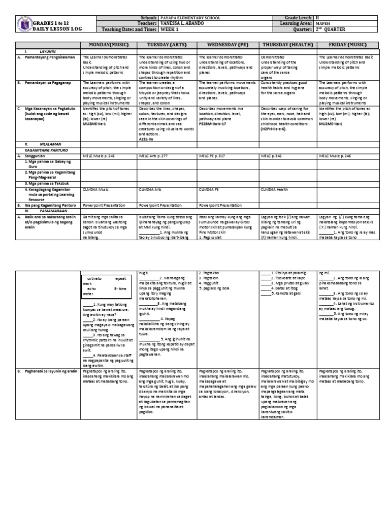 Grade 2 MAPEH Daily Lesson Log | PDF | Learning | Sound