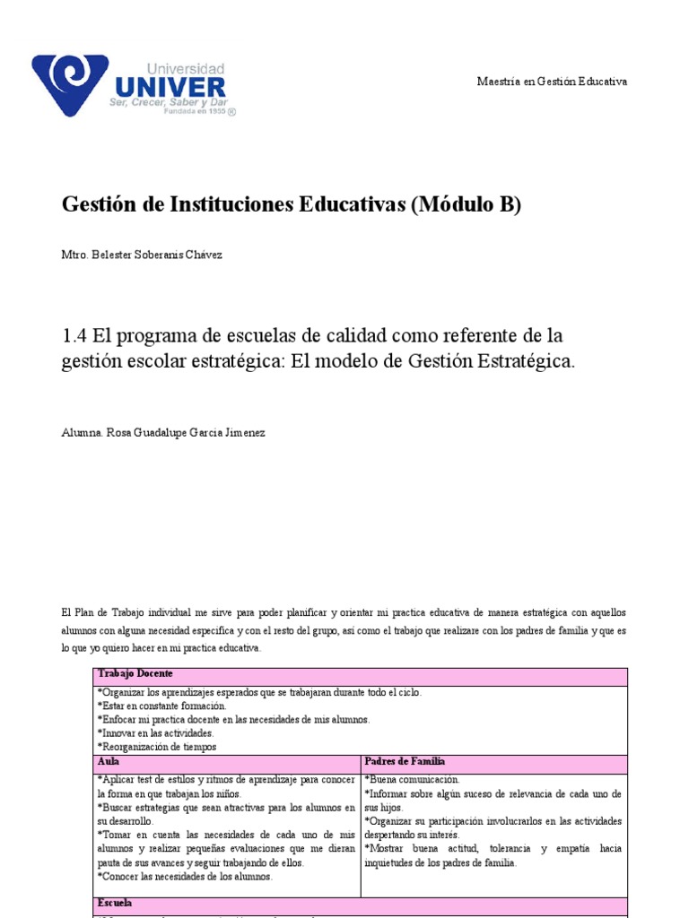 1.4 El Programa de Escuelas de Calidad Como Referente de La Gestion ...