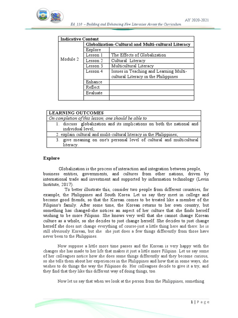 Module 2 Globalization Cultural And Multi Cultutal Literacy Rev Pdf