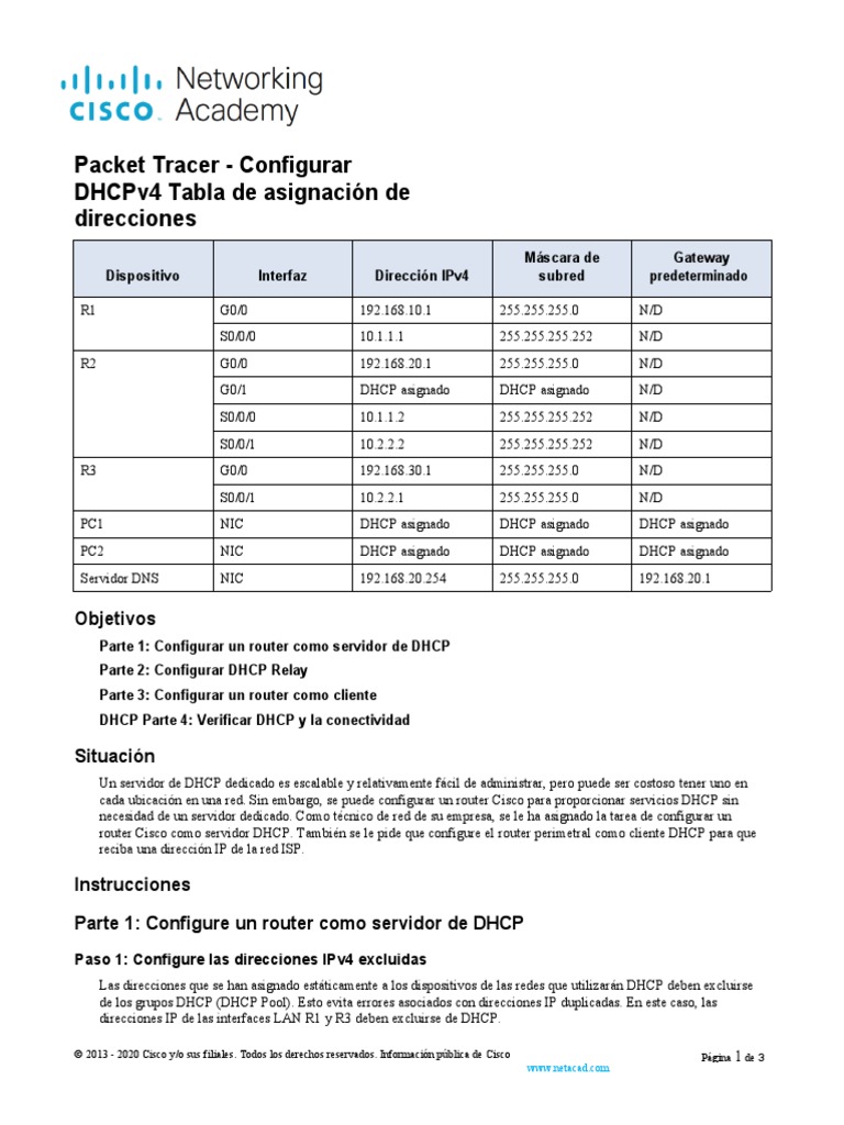 Configuración DHCPv4 en Routers Cisco | PDF | Dirección IP | Red de ...