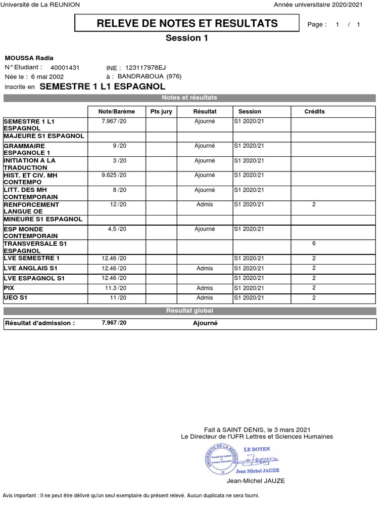 Relevé de notes L1 Espagnol S1 2020/21 | PDF