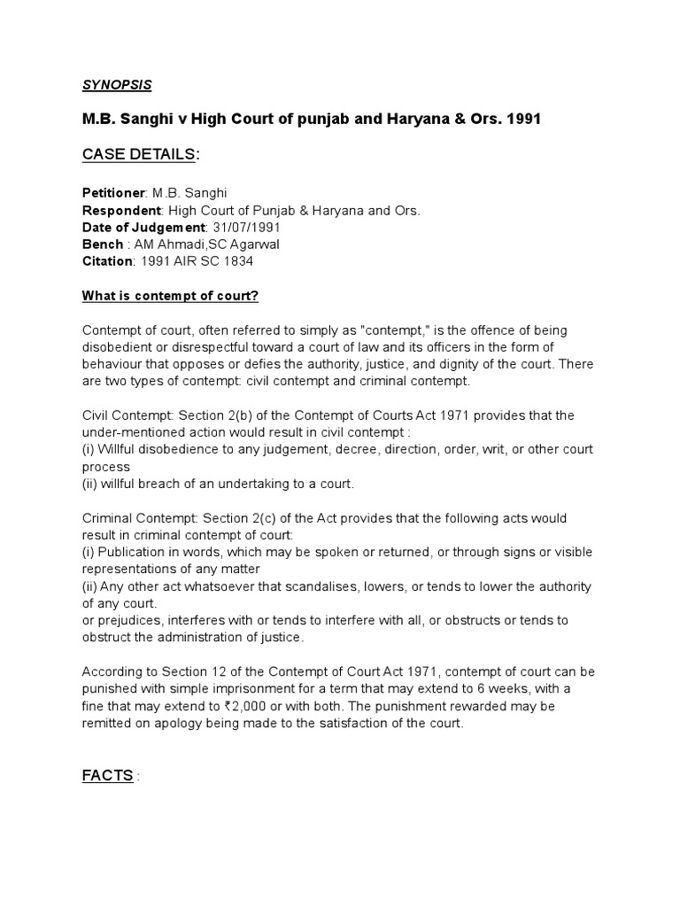 M.B. Sanghi Contempt Case Summary | PDF | Contempt Of Court | Judge
