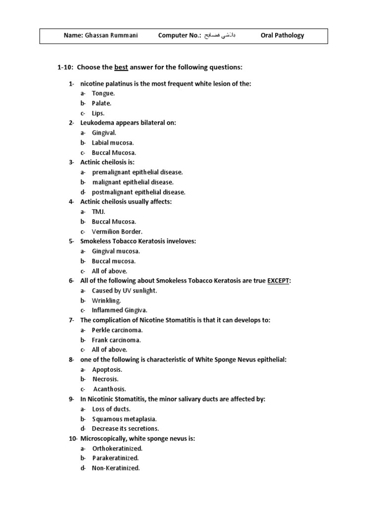 Oral Pathology Exam Practice Questions | PDF