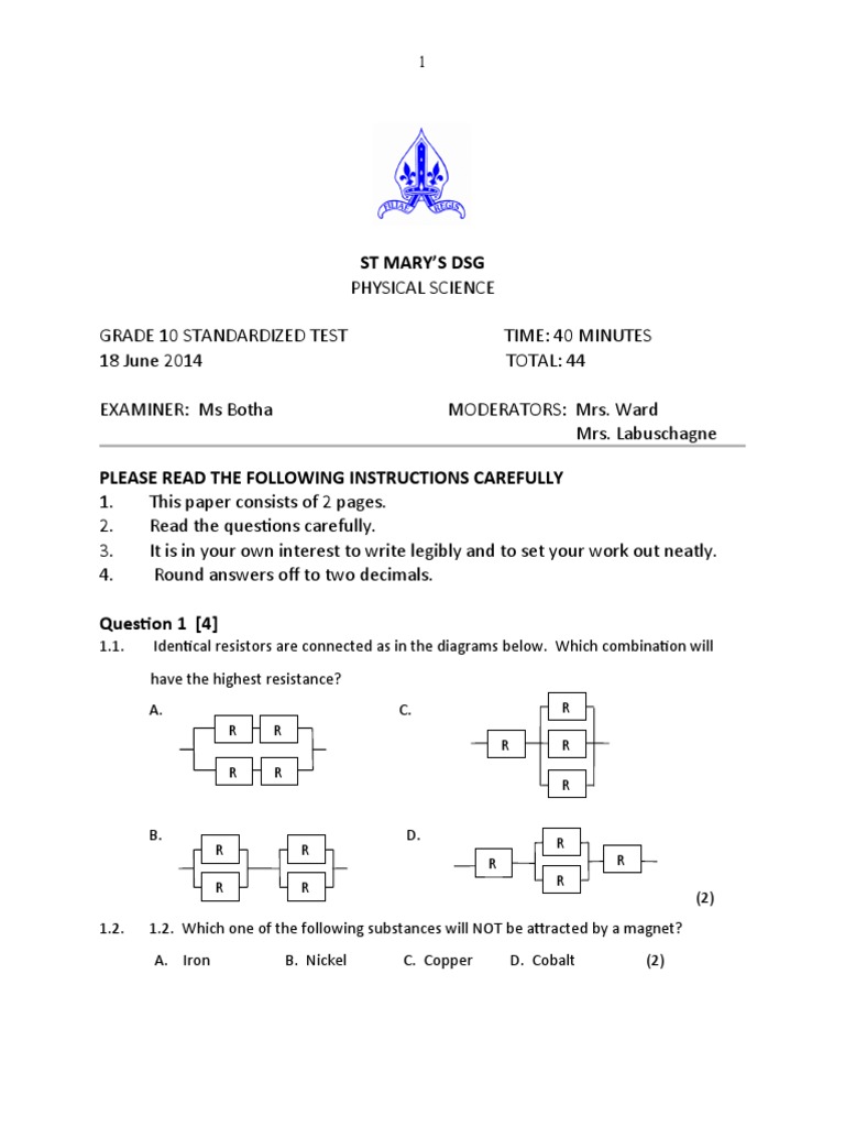 18 June Electricity Test 2014 PDF Series And Parallel Circuits