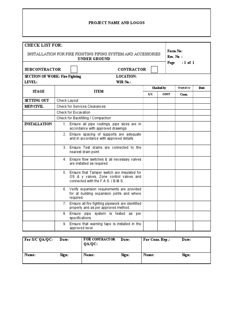 Fire Fighting Piping Installation Checklist | PDF | Civil Engineering ...