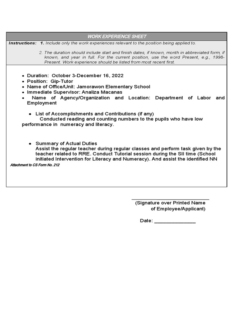 CS Form No 212 Work Experience Sheet For Print PDF