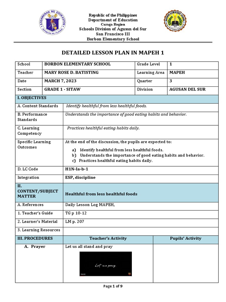 Detailed Lesson Plan in Mapeh (Health) 1 (Q3 W4) | PDF | Foods ...