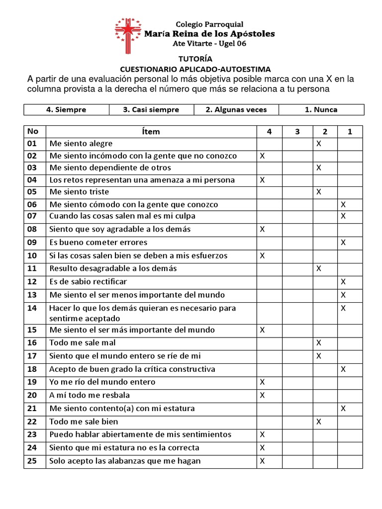 Cuestionario de Autoestima para Estudiantes | PDF