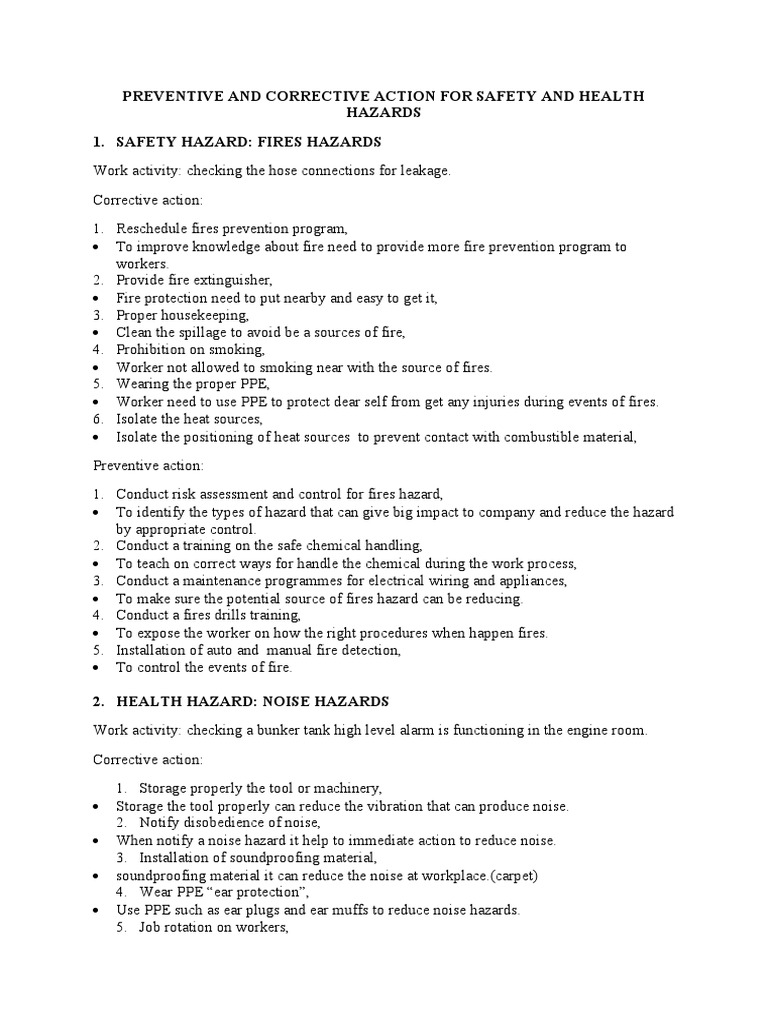 PREVENTIVE AND CORRECTIVE ACTION FOR SAFETY AND HEALTH HAZARDS | PDF ...
