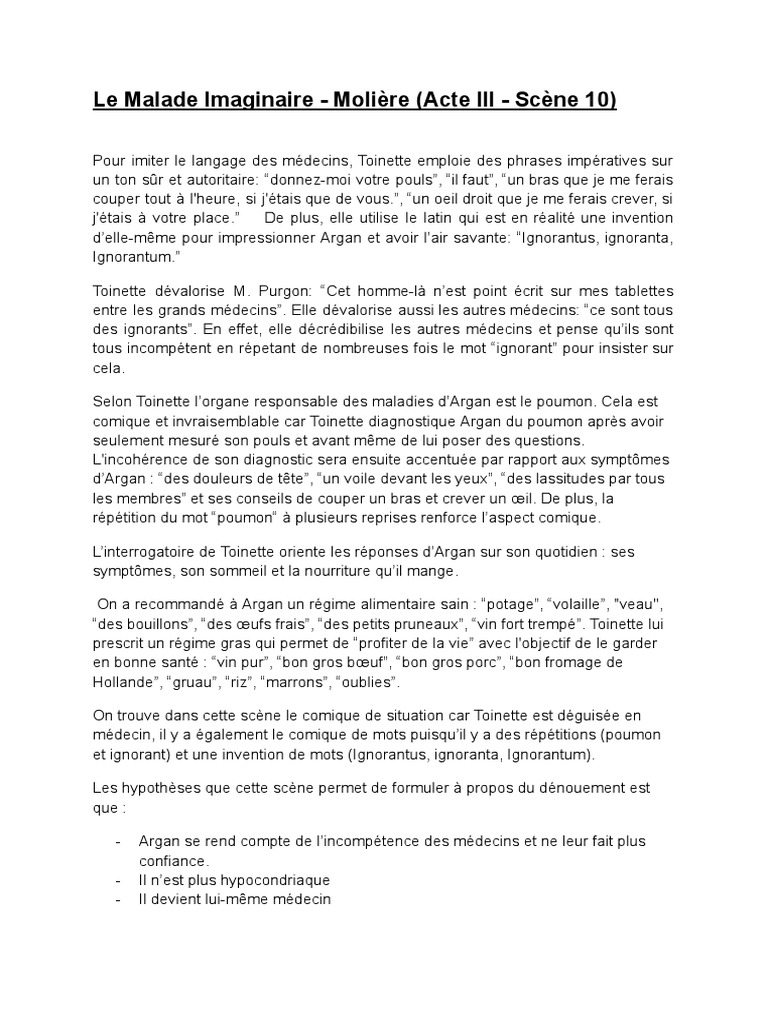 Dissertation Sur Le Malade Imaginaire Le Malade Imaginaire - Molière (Acte III - Scène 10) | PDF