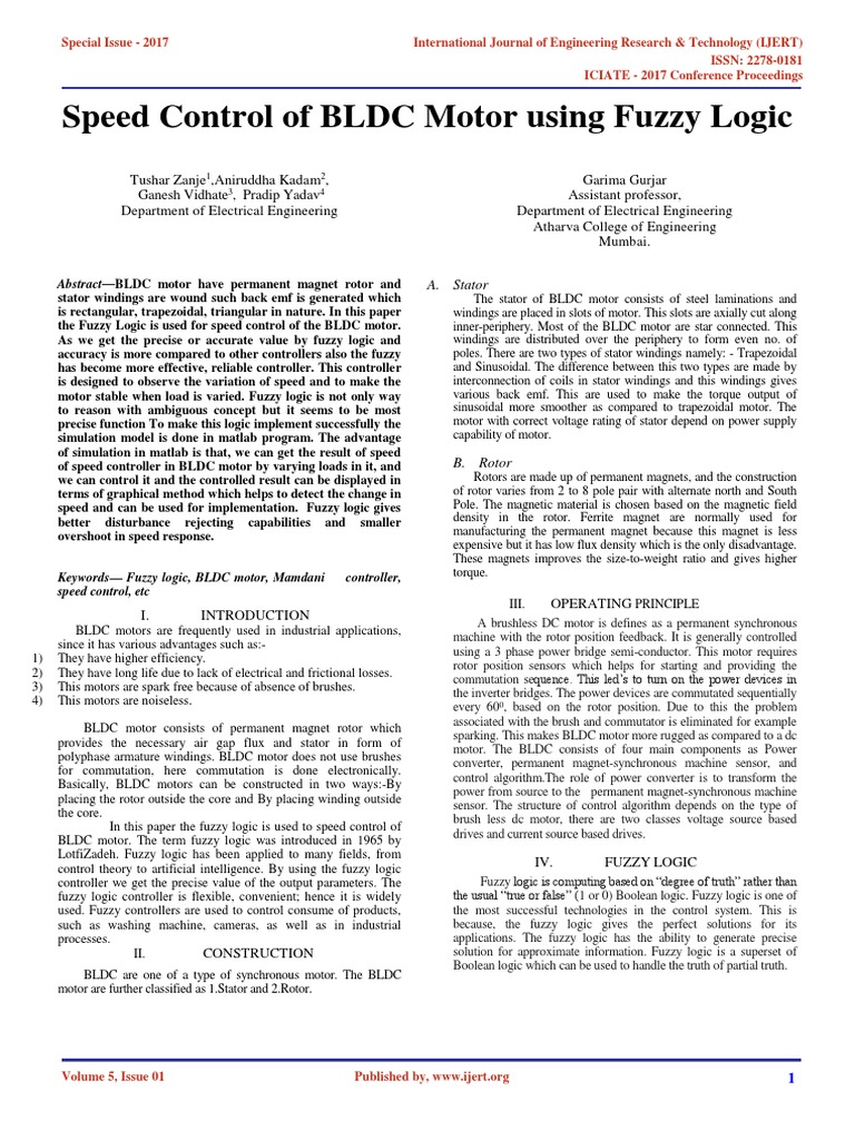 Speed Control of BLDC Motor Using Fuzzy Logic IJERTCONV5IS01120