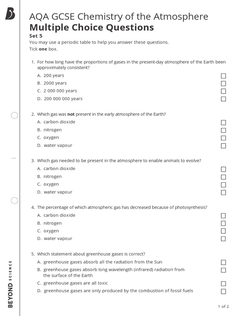 AQA GCSE Chemistry of The Atmosphere Multiple Choice Questions Set 5