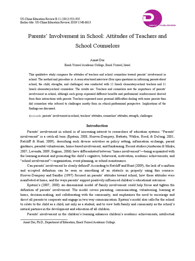 Parents' Involvement in School | PDF | Teachers | Attitude (Psychology)