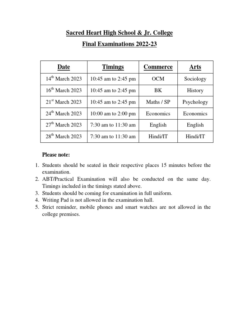 XI Final Exam Time Table 202223 PDF