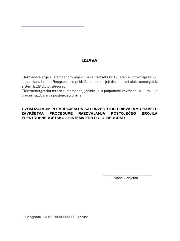 Izjava Vlasnika Prikljucak | PDF