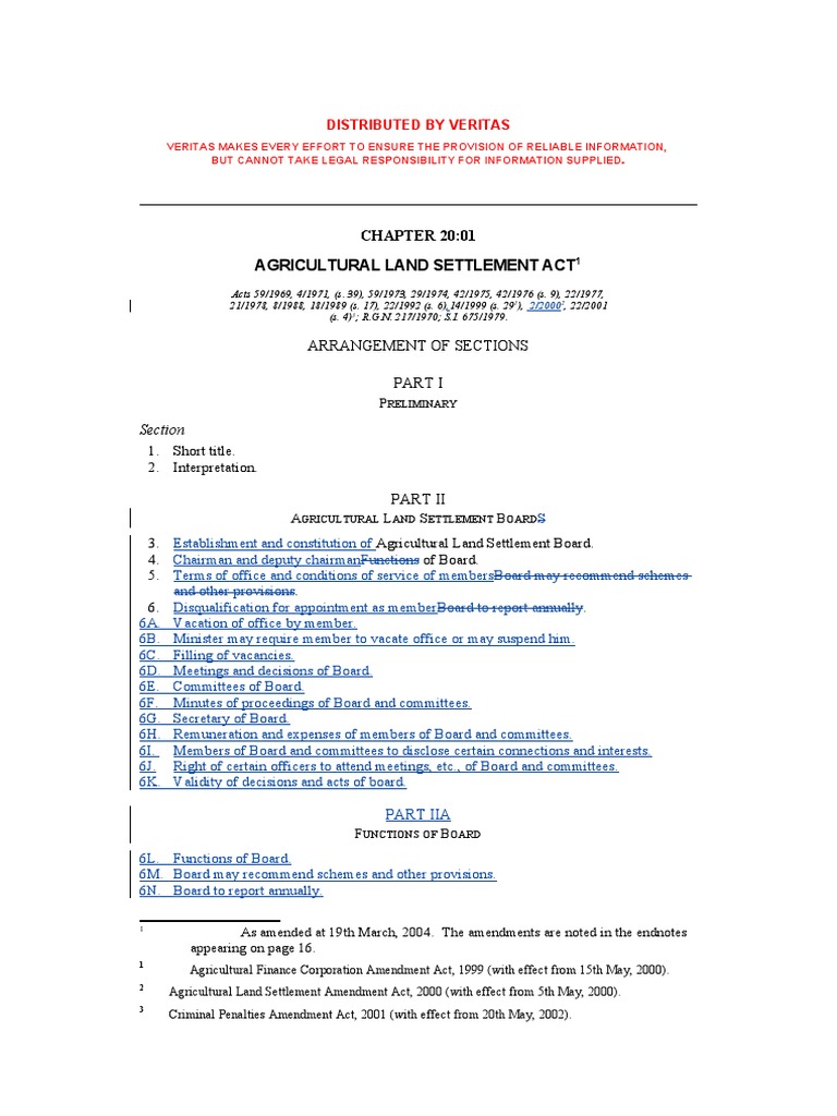 Agricultural Land Settlement Act (Chapter 2001) As Amended March 2004