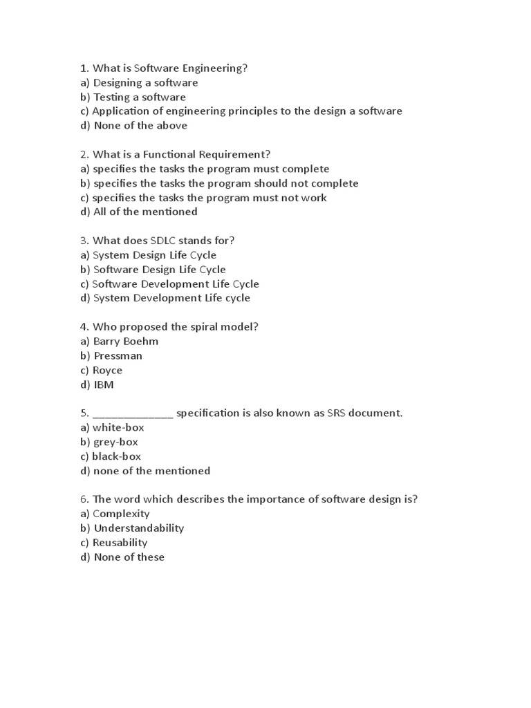 MCQ practice software engineer 1 PDF Software Development Process