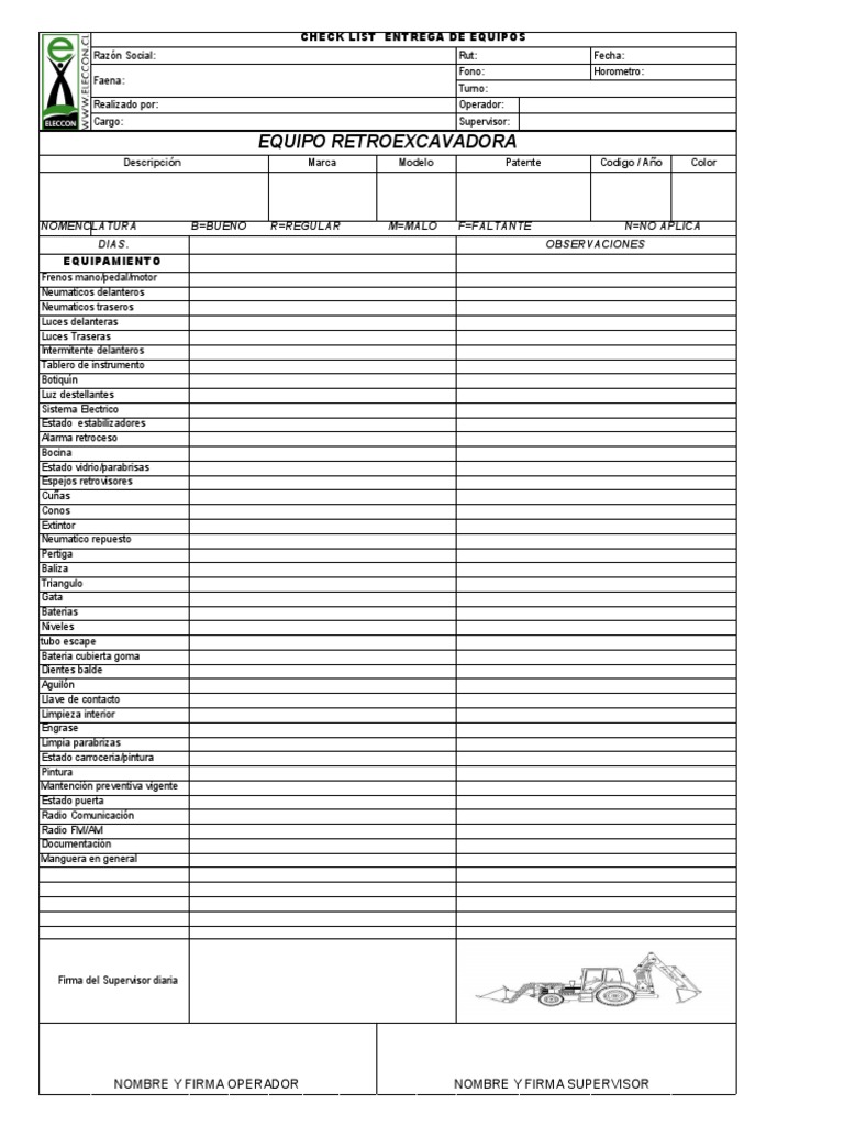 Check List de RETRO EXCAVADORA Ok | PDF