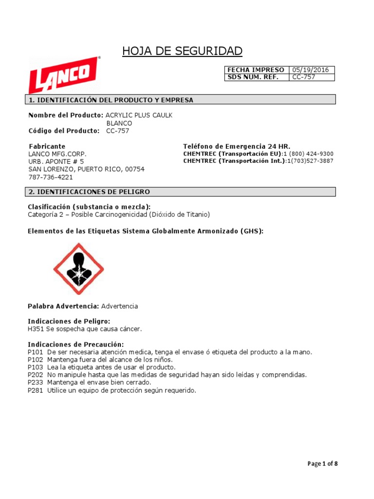 HDS SILICONA SDSAcrylicPlusCaulkCC757SP1 PDF PDF Agua