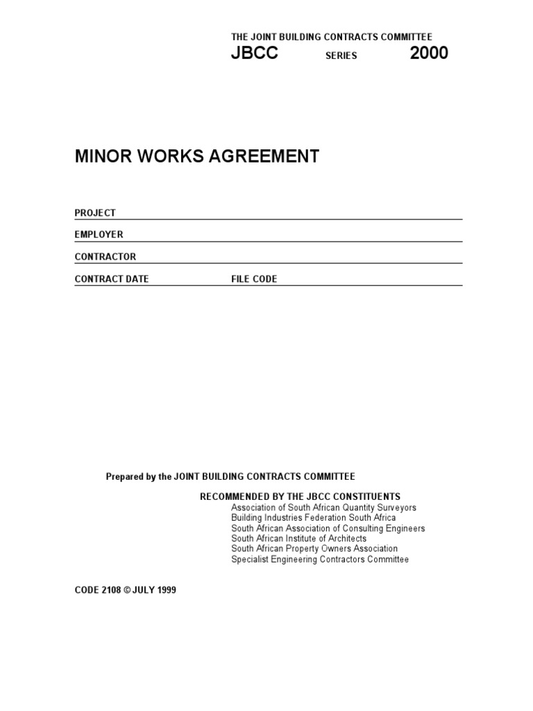 Minor Works Agreement JBCC 2000 PDF Guarantee Employment