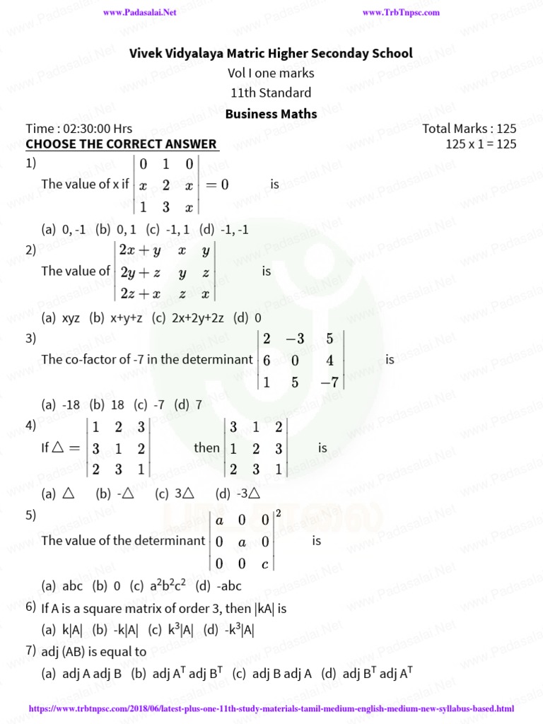 11th Business Maths One Mark Questions | PDF
