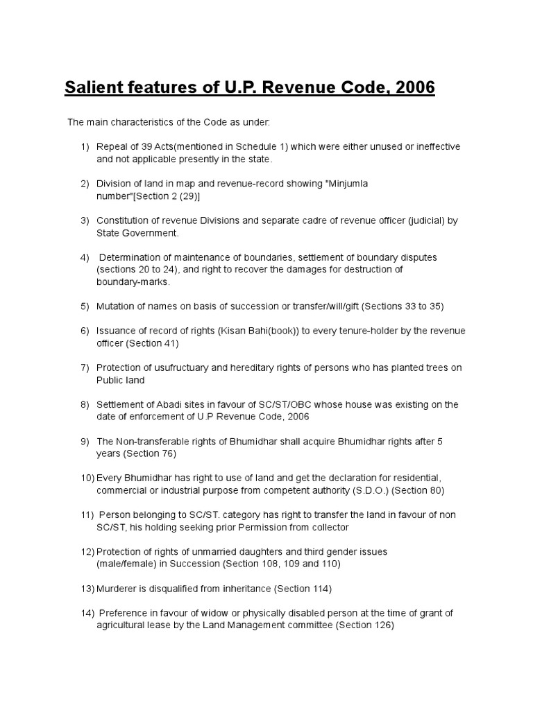 Salient Features of UP Revenue Code 2006 | PDF | Lease | Government