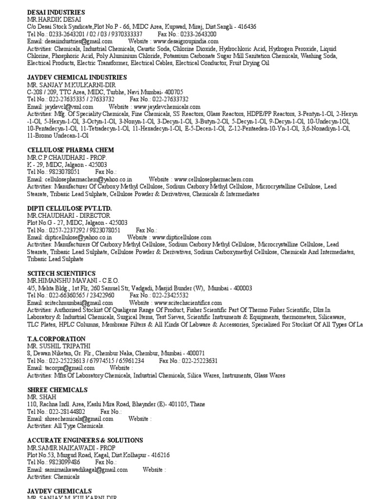 Directory of Specialty Chemical Companies in India | PDF | Sodium ...