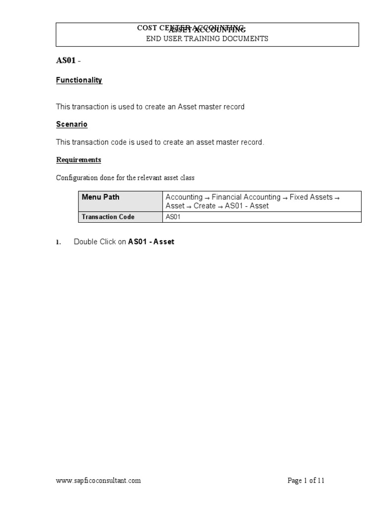 AS01 Create Asset Master Record PDF Business Software