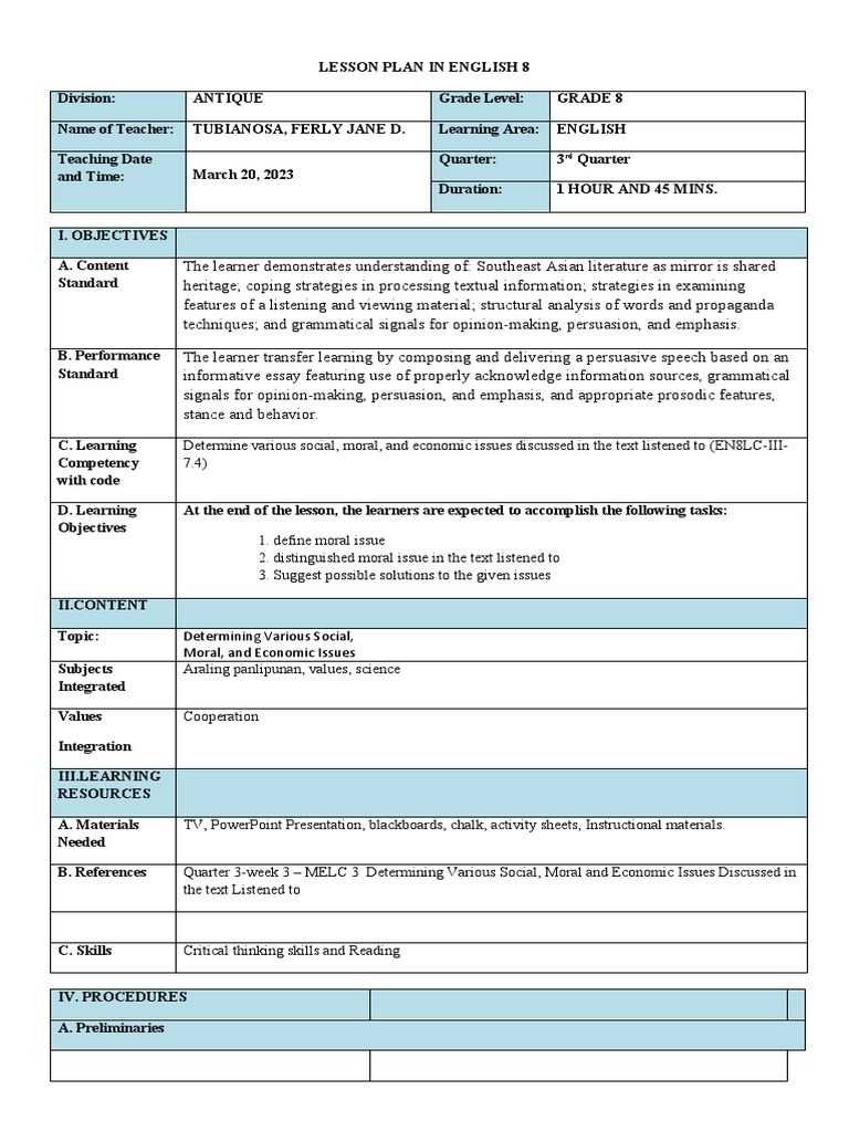 English 8 Lesson Plan: Social Issues | PDF | Learning | Teenage Pregnancy