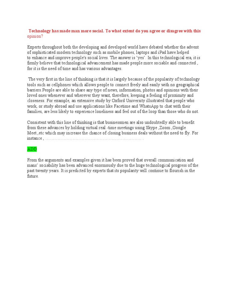 Some people believe that technology has made man more social PDF