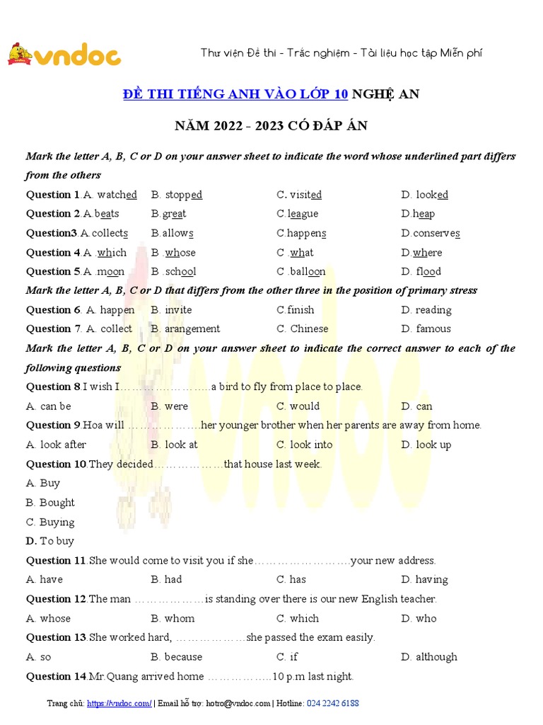 De Thi Tuyen Sinh Lop 10 Mon Anh Nam 2022 So 2 Pdf