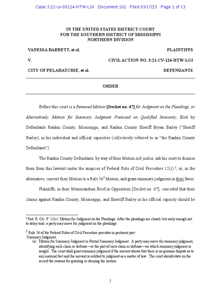 Judge Rankin Co. Sheriff Not Exempt in Wrongful Death Lawsuit