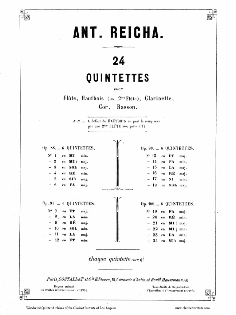 Institute) Reicha, Anton Quintet, Op. 100, No. 3 PDF Woodwind Instruments