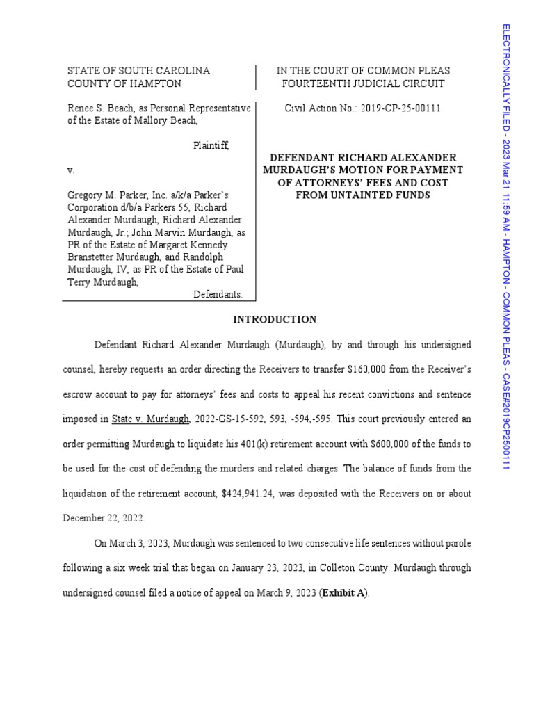 Murdaugh Motion For Payment of Attorney's Fees PDF Sixth Amendment