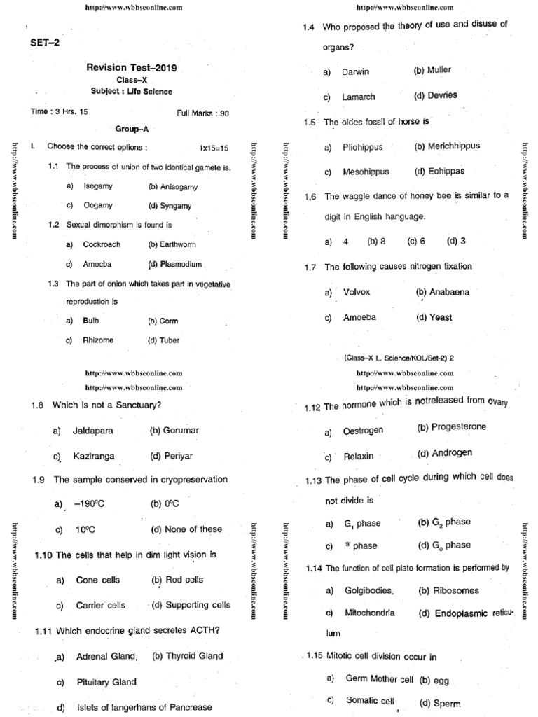 Class 10 Life Science Set 2 Revision Test 2019 PDF PDF